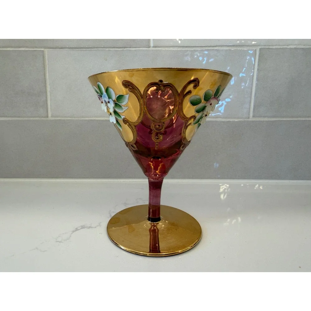 Vtg Murano Cranberry Glass‎ Gold 3D Enamel Floral Martini Goblet Venetian Glass